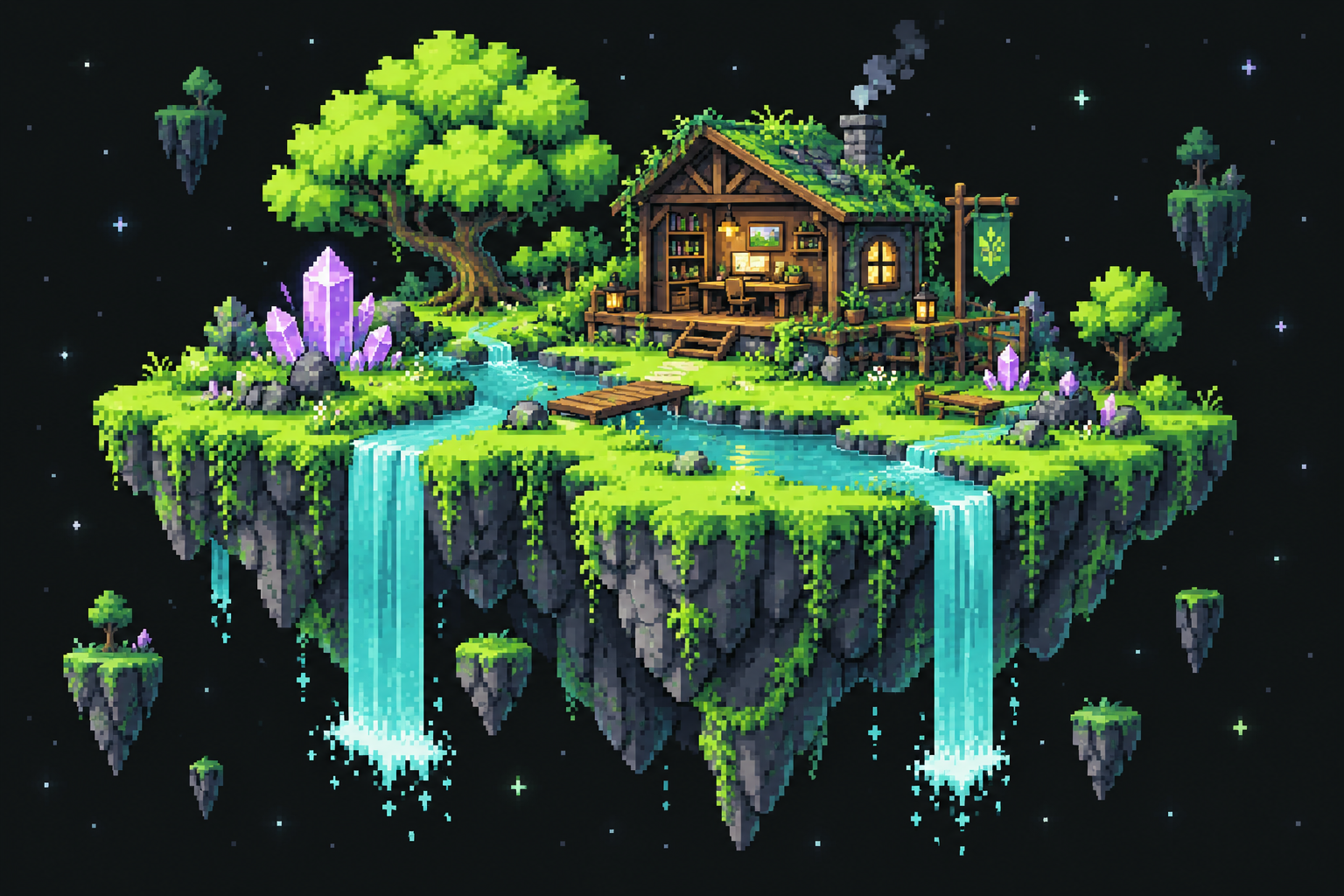 Ilustração em pixel art de uma ilha flutuante com um pequeno estúdio, vegetação e cascatas.
